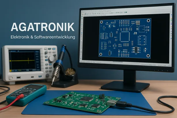 AGATRONIK – Elektronik- und Softwareentwicklung: Arbeitsplatz mit Oszilloskop, PCB und Layout am Monitor